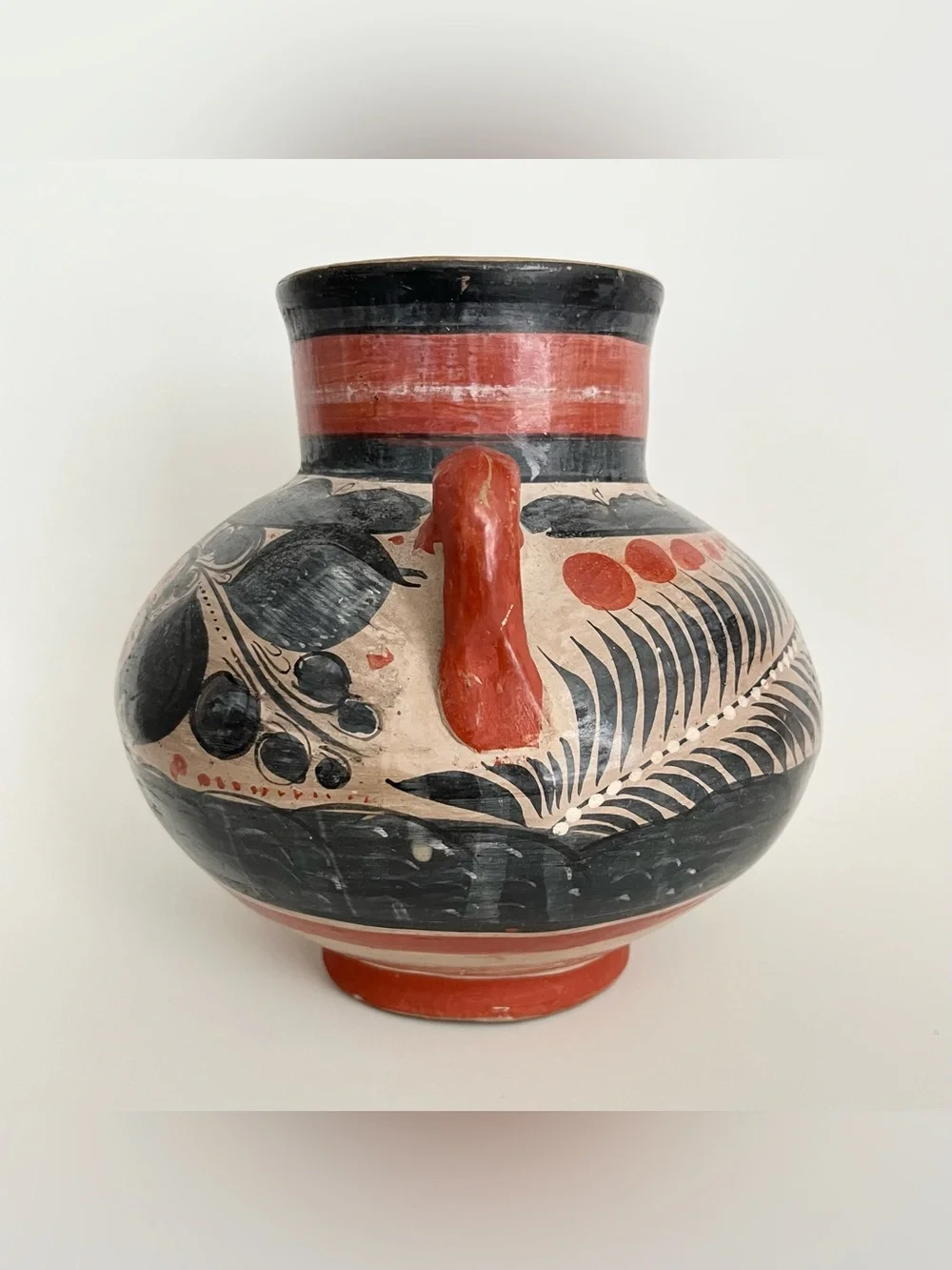 Vintage Mexican Tonala Hand Painted Pottery Vase w/Handles Floral Black Orange
